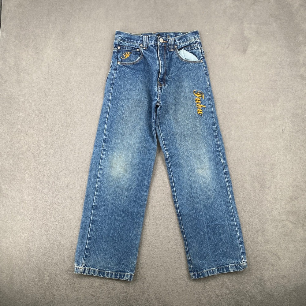 Vintage FUBU The Collection Jeans Boys Size 12 Blue Denim Y2K Embroidered Logo
